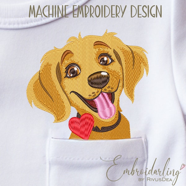 Golden Retriever Embroidery Design, puppy embroidered portrait, dog portrait, dog lover gift, pocket pet embroidery, machine embroidery file