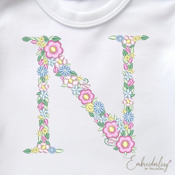 Floral Letter N Machine Embroidery Pattern, 97mm 3.80in Monogram for Girl Baby Shower, Mother Day Gift Design, One Piece T-shirt Stickdatei