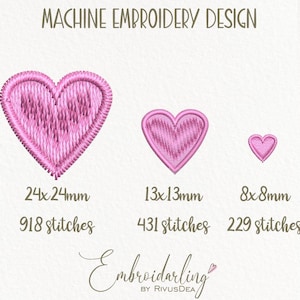 May include: Three pink heart-shaped machine embroidery designs in different sizes. The largest heart is 24x24mm with 918 stitches, the middle heart is 13x13mm with 431 stitches, and the smallest heart is 8x8mm with 229 stitches. The text "Embroidarling by RivusDea" is below the hearts.