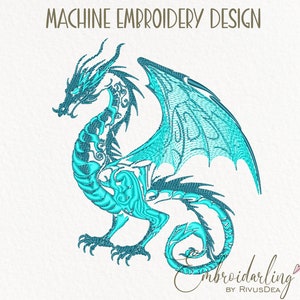 May include: Machine embroidery design of a blue dragon with intricate details. The dragon is standing on its hind legs with its wings spread out.
