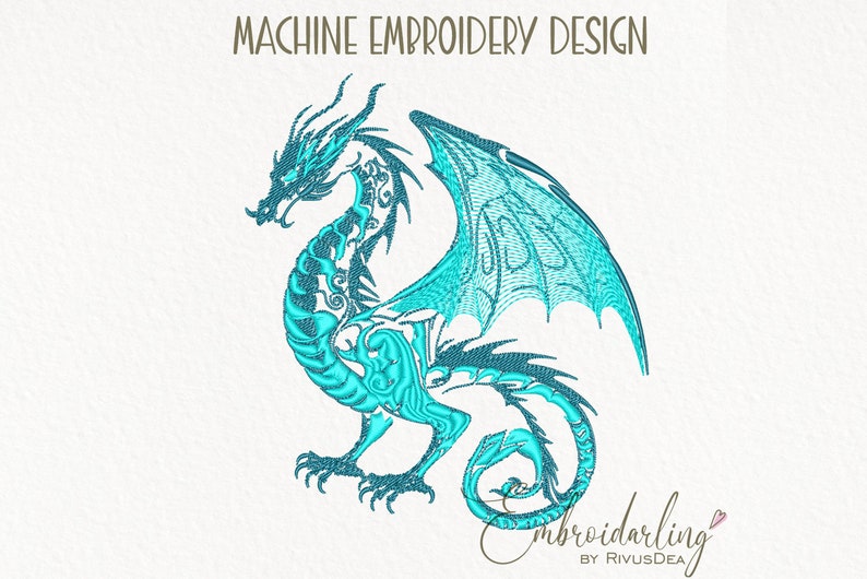 May include: Machine embroidery design of a blue dragon with intricate details. The dragon is standing on its hind legs with its wings spread out.