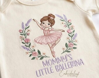 Mommy's Little Ballerina Embroidery Design, Floral Wreath Ballerina, Girl Embroidery Pattern, Baby Bodysuit