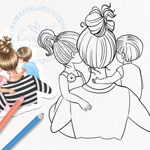 母と2人の子供のデジタルスタンプ。家族のPNGをダウンロード。母の日のデジスタンプ、ぬり絵。商用利用可 線画 アウトライン 印刷可能 DIY