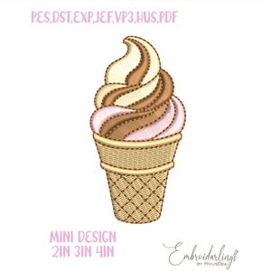 May include: An embroidered ice cream cone design. The soft serve is a swirl of vanilla, chocolate, and strawberry. The cone is a light brown color with a textured pattern. Text at the top reads "PES, DST, EXP, JEF, VP3, HUS, PDF". Text at the bottom reads "MINI DESIGN 2IN 3IN 4IN".