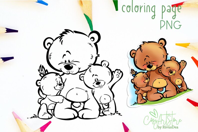 Mother's Day Coloring Page Digital Stamp Mama Bear PNG | Etsy
