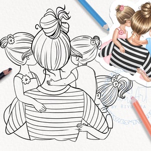 3 人の女の子の母親 線画、デジタル スタンプ、家族 PNG ダウンロード、母の日ギフト、塗り絵、印刷可能な DIY、白黒