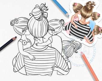 Mother of three girls  Line art, Digital Stamp, Family PNG Download, Mothers Day gift, Coloring page, Printable DIY, black and white