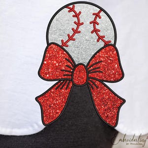 Baseball Side Bow Applique Embroidery Design File, 7 sizes. Sports Girly Glitter Bow Coquette Applique Pattern, Mom Sweatshirt Design