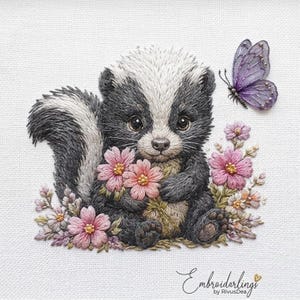 Può includere: Un ricamo dettagliato su tessuto bianco che raffigura una moffetta nera e bianca dal pelo soffice seduta tra fiori rosa. Una farfalla viola è posizionata sopra. Il testo "Embroidarlings by RivusDea" è ricamato nell'angolo in basso.