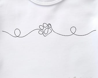 Paw Print Mono Line Embroidery Pattern. Single Outline Doodle, Animal Dog Cat Pet Paw