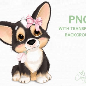 Corgi dog PNG clipart. Corgi girl puppy with bow Download. Digi stamp, coloring page. Commercial use Pet Print Drawing clip art DIY.