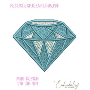 May include: A light blue embroidered diamond design. The design includes the text "PES, DST, EXP, JEF, VP3, HUS, PDF" at the top and "MINI DESIGN 2IN 3IN 4IN" at the bottom. The diamond is approximately 5 cm in height.