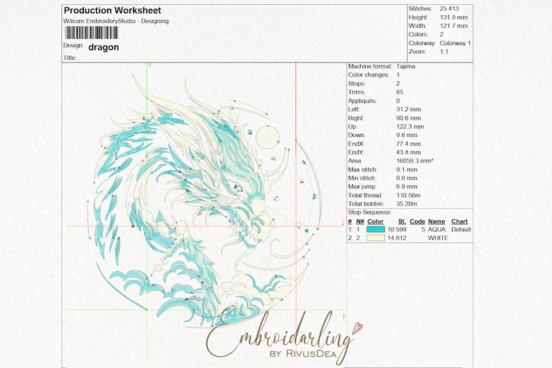 May include: A digital embroidery design of a blue and white dragon with the title "dragon" and the text "Embroiderling by RivusDea".