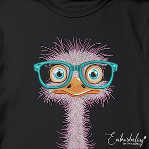 GRAPPIGE GEKKE struisvogel met bril borduurontwerpbestand, 4 maten. Leuk Flaffy Bird Machine-patroon. Dst, Jef, Pes, Hus, Vp3, xxx, exp, pdf