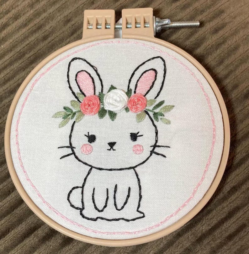 Cute Easter Bunny Hand Embroidery Pattern, Bunny With Floral Wreath ...