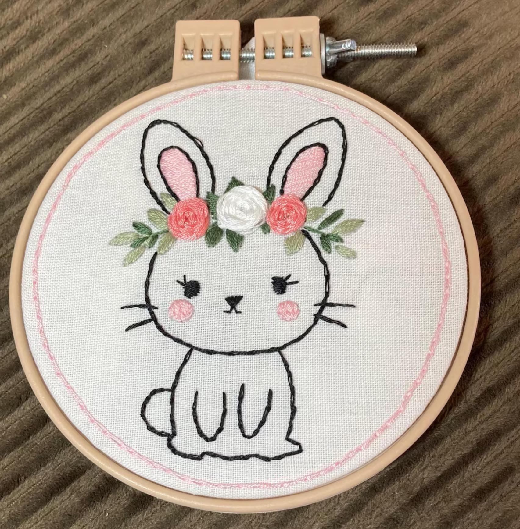 Cute Easter Bunny Hand Embroidery Pattern, Bunny With Floral Wreath ...