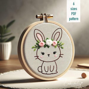 Cute Easter Bunny Hand Embroidery Pattern, Bunny with Floral Wreath designs for Beginners. PDF Pattern Instant Digital Download.
