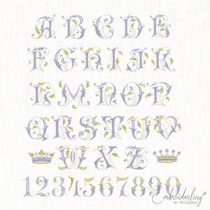 Arquivo para bordado à máquina com fonte floral, padrão de monograma vintage, presente de chá de bebê de primeira comunhão. Pacote de letras do alfabeto retrô Ricamo Macchin