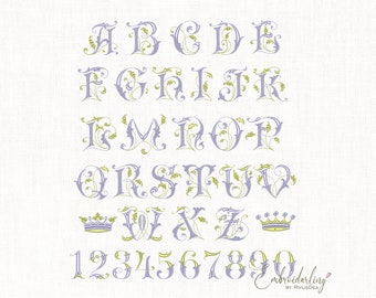 Arquivo para bordado à máquina com fonte floral, padrão de monograma vintage, letras do alfabeto para chá de bebê de primeira comunhão