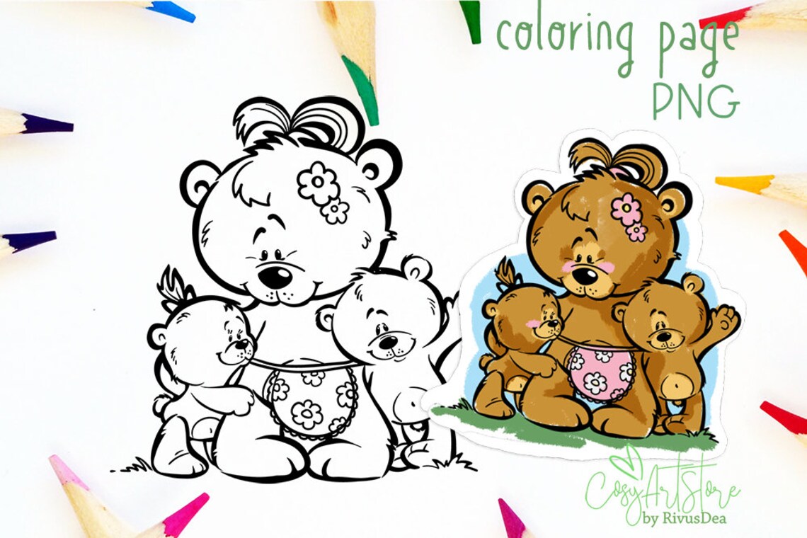 Mother's Day Coloring Page Digital Stamp Mama Bear PNG | Etsy