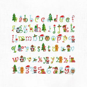 以下が含まれることがあります： カラフルなクリスマスをテーマにしたアルファベットと数字のセット。各文字と数字は、クリスマスツリー、サンタの帽子、エルフ、ジンジャーブレッドマンなどのお祝いの要素で飾られています。デザインは緑、赤、青、白を組み合わせています。