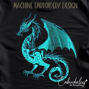 May include: Machine embroidery design of a teal blue dragon with wings spread out. The dragon is on a black background.