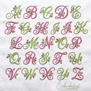 Roses Bud Alphabet Machine Embroidery Designs File, Floral Monogram Font, Vintage Script, A-Z Letters