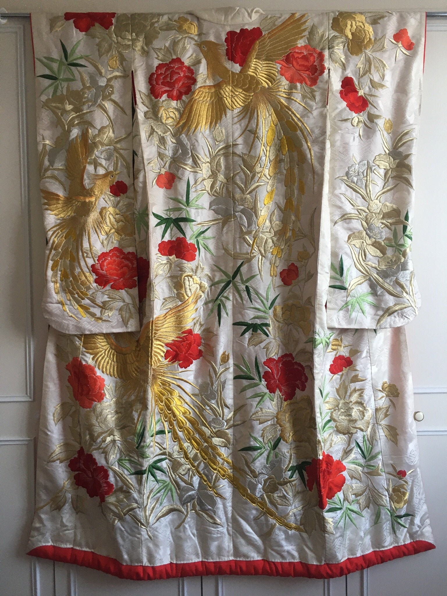 Image of Antique Japanese Wedding Uchikake Gold Kimono Silk Embroidered Cranes Rare