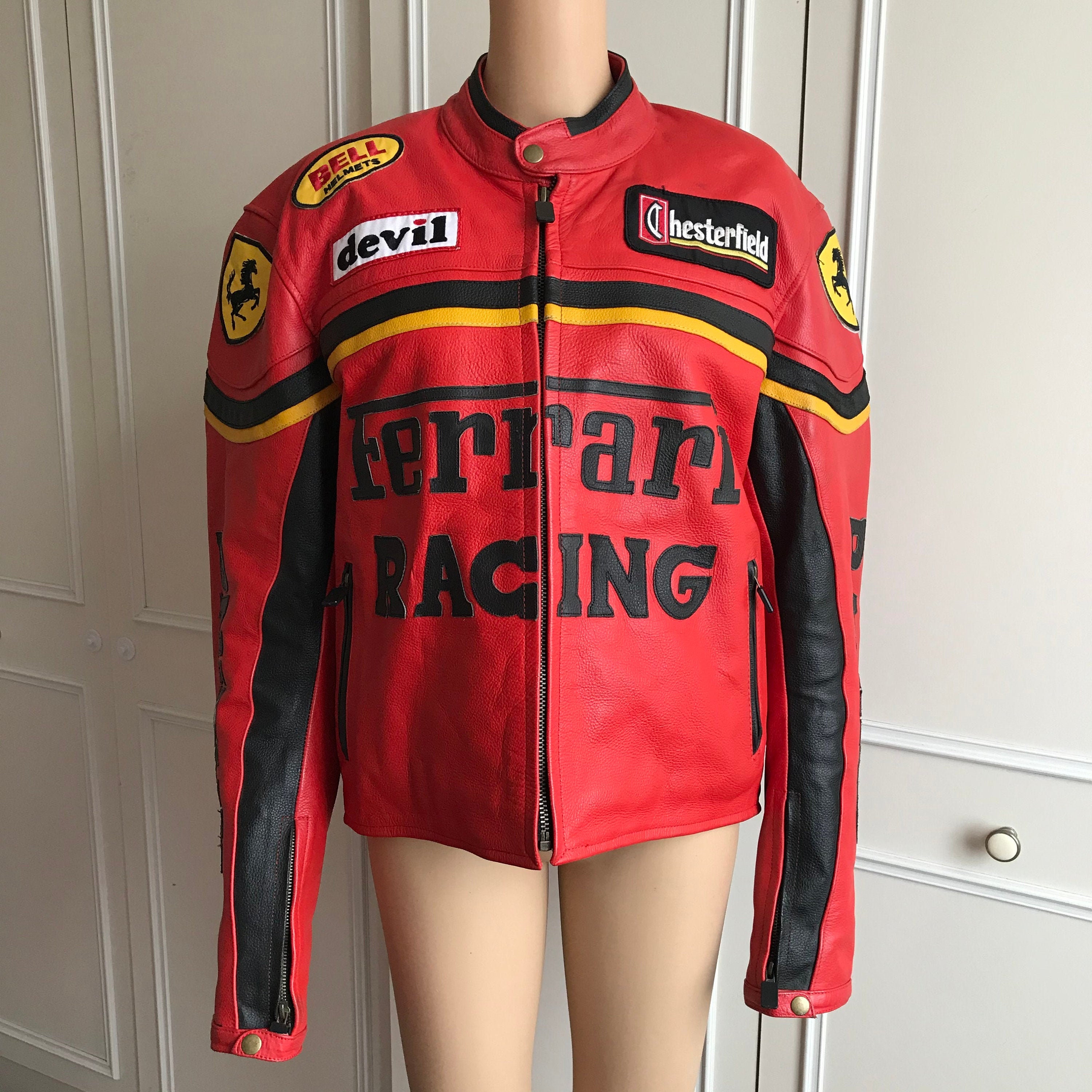 Image of Rare Vintage Leather Ferrari Racing Motorcycle Gp Jacket Size L Large