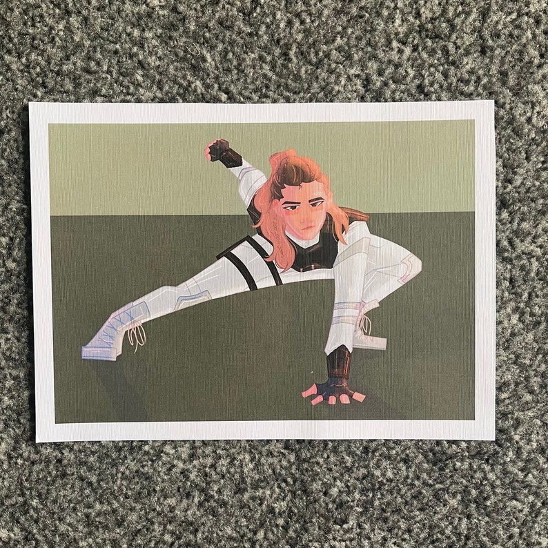 May include: A digital illustration of a person in a white and black outfit with a gun, in a fighting pose, against a green background.