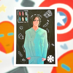 May include: Illustration of a person in a teal medical uniform with the text "I WAS ON METH!" on a black background. The artwork includes various sketched elements, such as gems, pills, and a chicken.