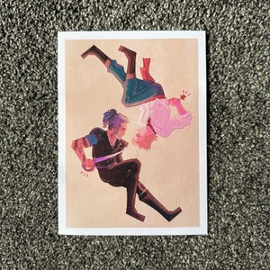 May include: A digital illustration of two people, one with purple hair and a black outfit holding a sword, the other with blonde hair and a pink and white outfit, in a dynamic pose.