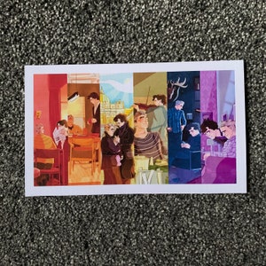 May include: A colorful illustration of a group of people standing in a room. The room has a variety of colors and patterns, including a red wall, a blue wall, and a green wall. The people are all wearing different clothes, and some of them are holding objects. The illustration is set against a backdrop of a city skyline.
