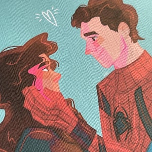 May include: Illustration of two figures gazing at each other, with a heart symbol above them. The figures are depicted in a comic book style, with one wearing a red and black suit with a spider emblem. The background is a light blue.