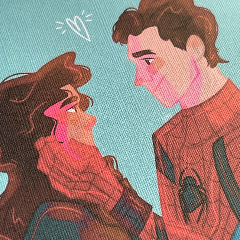 May include: Illustration of two figures gazing at each other, with a heart symbol above them. The figures are depicted in a comic book style, with one wearing a red and black suit with a spider emblem. The background is a light blue.