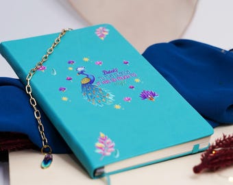 Turquoise Journal Notebook with Peacock UV DTF Decal and charm