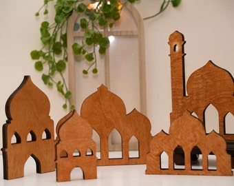 Wooden Ramadan Village Mantel Decor, Islamic Home Decor
