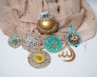 Islamic Mini Ornaments, Swarovski Crystals, Eid Tree Decor, Set of 7