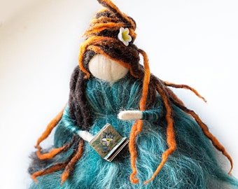 Personalized felted fairy doll with book and brush. Artist painter girl with dreadlocks.
