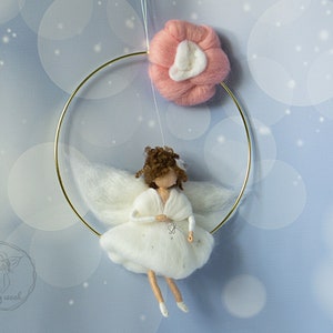 Nursery hanging wall decor amulet in flower circle. Newborn Baby shower gift. Fairy doll with magic wand.