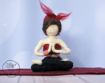 Personalized felted yoga doll. Decor for fitness studio. Custom rag movable doll for yoga lover.