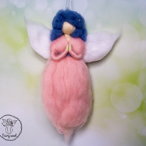 Felting angel mobile in pink rose dress with wings in gift box. Waldorf fairy doll hanging nursery decor.