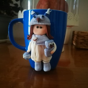 Winter girl decorated mug, polymer clay mug, girl toby mug, demitasse coffee cup, christmas gift