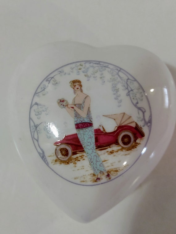 Vintage Heart Shaped Trinket Box with Flapper Girl