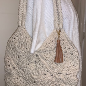 Handmade Crochet Boho Market Bag with Leather Tassel