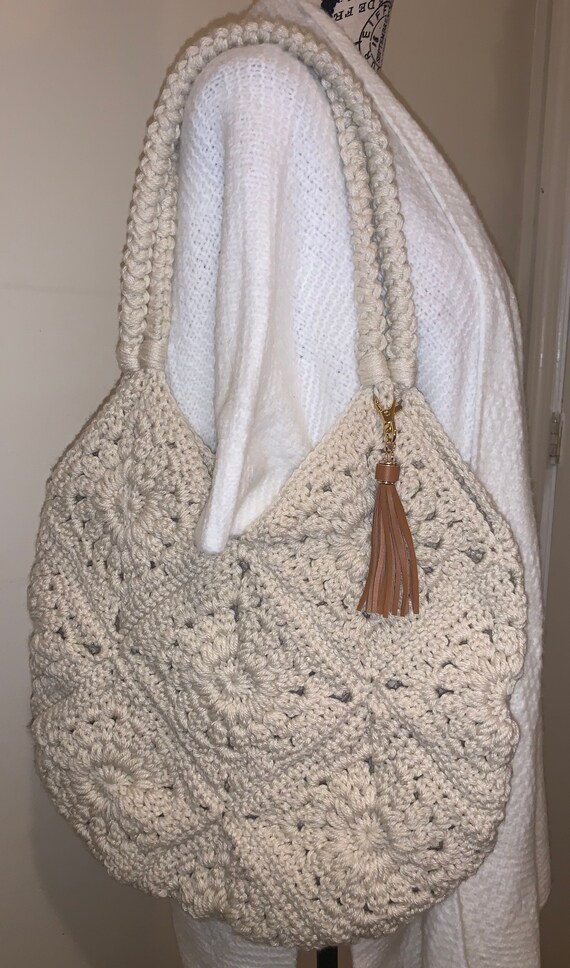 Handmade Crochet Boho Market Bag With Leather Tassel