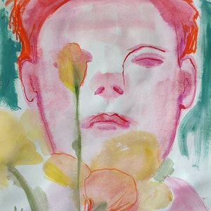 Tulipes jaunes, Portrait, Art original sur papier, Décoration intérieure, Art mural, Art fait à la main, Aquarelles, Aquarelles, Techniques mixtes