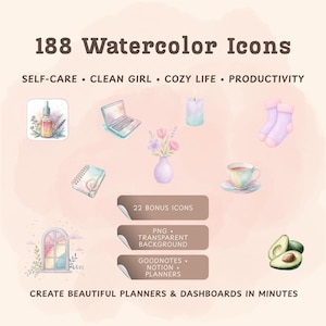 Op de afbeelding: Een digitale collectie van 188 aquarel iconen met illustraties van een druppelflesje, laptop, kaars, sokken, notitieboek, bloemenvaas, theekopje, raam en avocado. De tekst bevat 188 Watercolor Icons, Self-Care, Clean Girl, Cozy Life, Productivity, 22 Bonus Icons, PNG Transparent Background, Goodnotes, Notion, Planners en Create Beautiful Planners & Dashboards in Minutes.