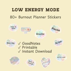 Op de afbeelding: Een set van 80+ plannerstickers met de titel LOW ENERGY MODE, voorzien van pastelkleurige aquarel wolkjes met tekst zoals Take it slow, Breathe, Pause, Slow day, Do less, Done is enough, Gentle reset, een batterijpictogram en een kat.