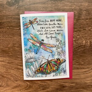 Good Things Greeting Card - Dragonfly Butterfly Wildflowers Christian Notecard - Rustic Boho Nature Artist  - Fear Less Hope More Painting